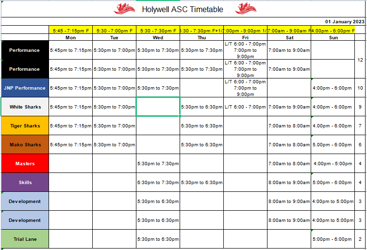 Timetable January 2023 - Holywell Swimming Club
